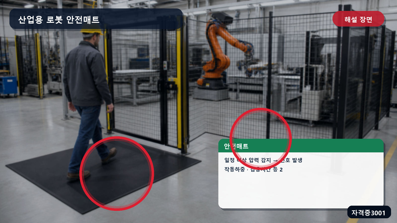 산업안전기사 실기 작업형 안전매트의 압력 감지 원리와 작동하중·감응시간 등 표시사항을 표시한 해설 장면