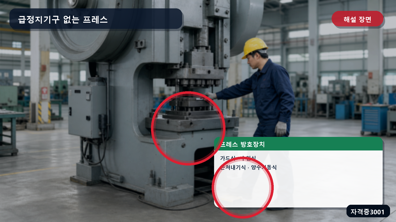 프레스에 사용할 가드식·수인식·손쳐내기식·양수기동식 방호장치를 표시한 해설 장면
