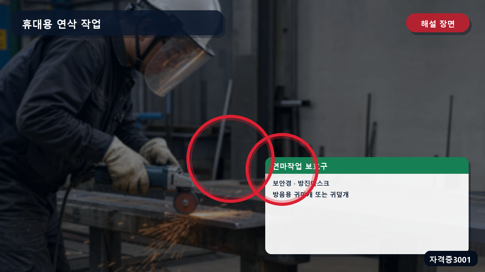 연마작업의 보안경·방진마스크·청력보호구를 표시한 해설 장면