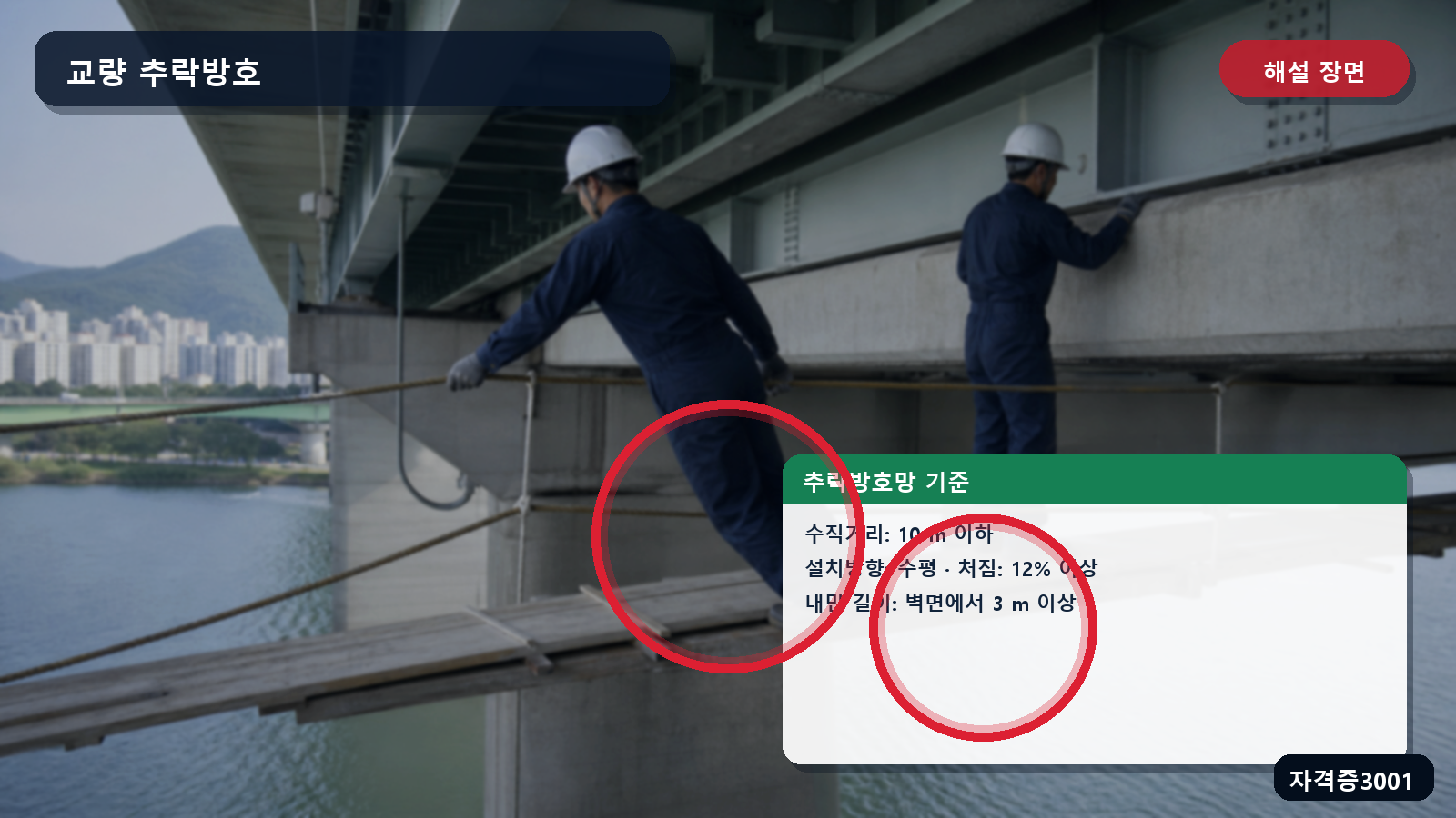 산업안전기사 실기 작업형 교량 작업면 아래 추락방호망의 수직거리·방향·처짐·내민 길이를 표시한 해설 장면