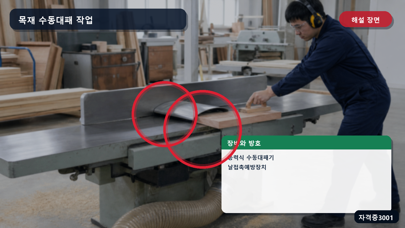 동력식 수동대패기의 절삭축과 날접촉예방장치 위치를 표시한 해설 장면