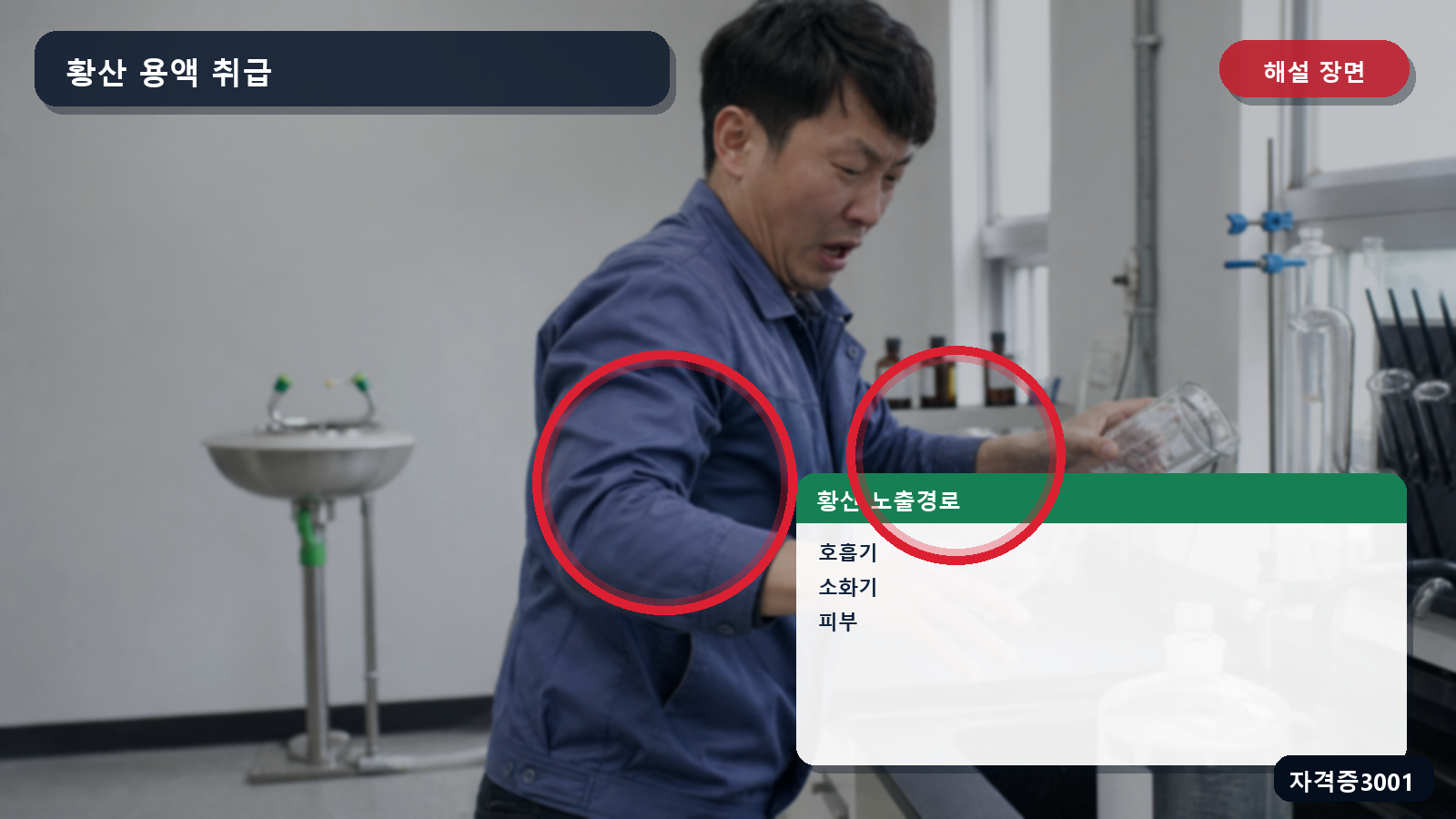 황산의 호흡기·소화기·피부 노출경로를 표시한 해설 장면