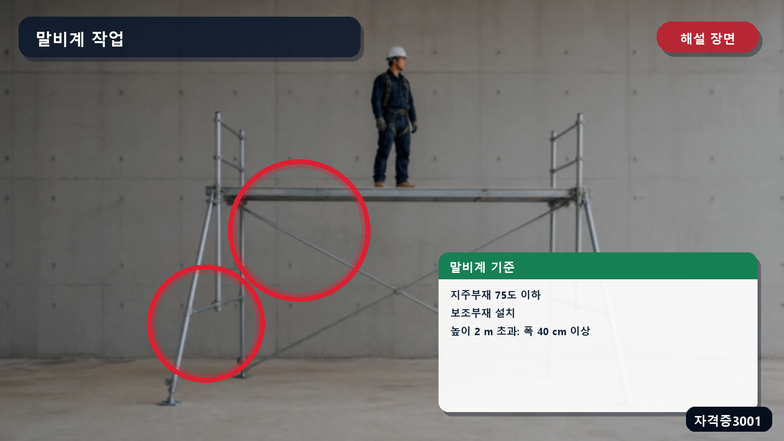 말비계의 지주 기울기·보조부재·작업발판 폭 기준을 표시한 해설 장면