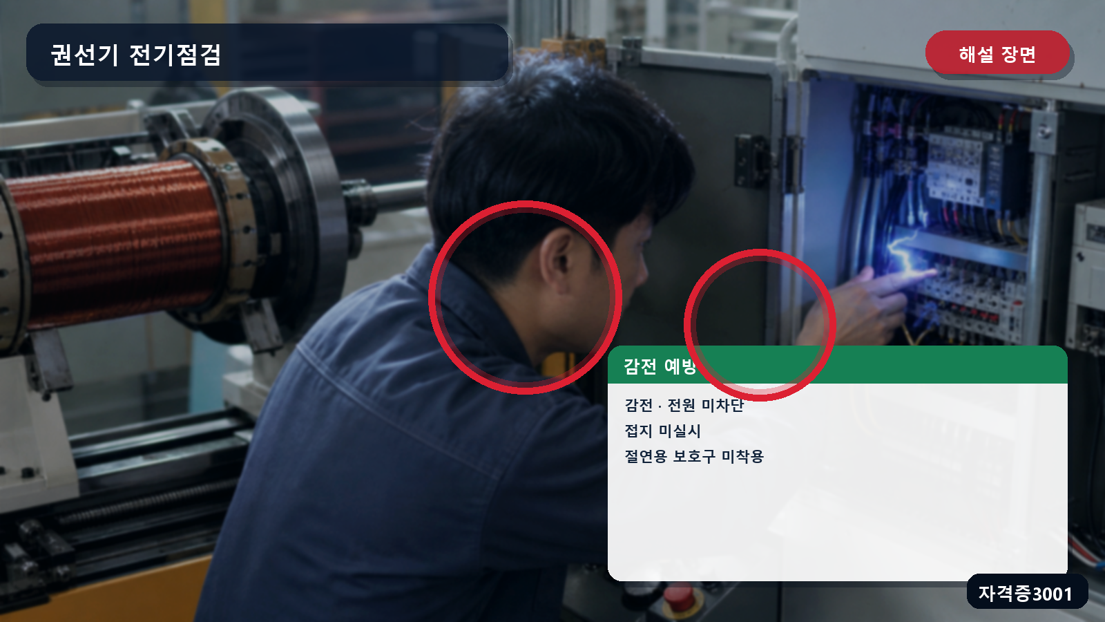 권선기 제어함의 감전 위험과 전원 차단·접지·절연용 보호구 조치를 표시한 해설 장면