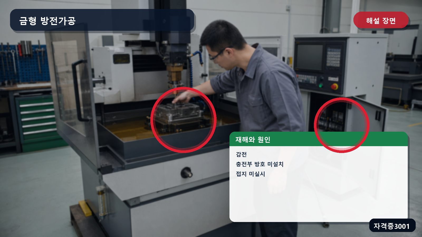 금형 방전가공의 감전·충전부 방호 미설치·접지 미실시를 표시한 해설 장면
