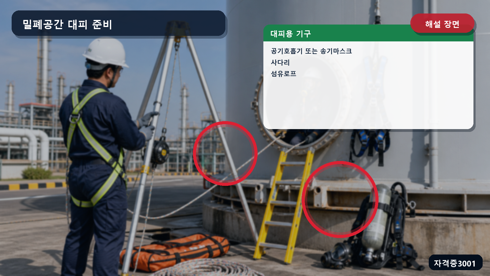 밀폐공간 대피용 공기호흡기 또는 송기마스크·사다리·섬유로프를 표시한 해설 장면