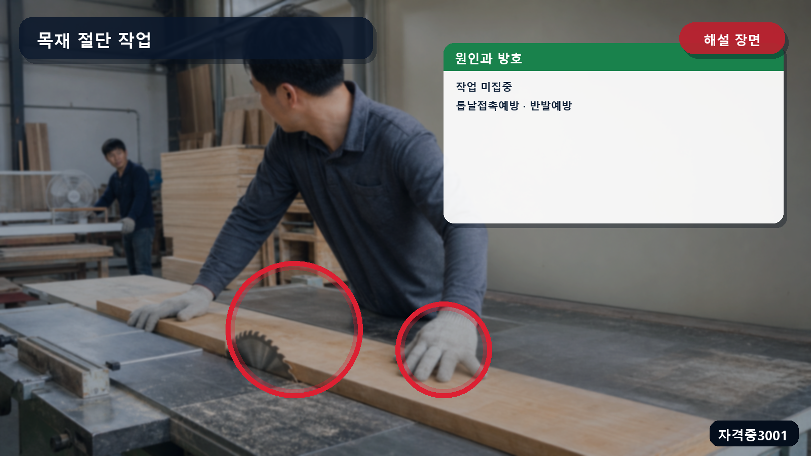 둥근톱 작업 미집중과 톱날접촉예방장치·반발예방장치 위치를 표시한 해설 장면