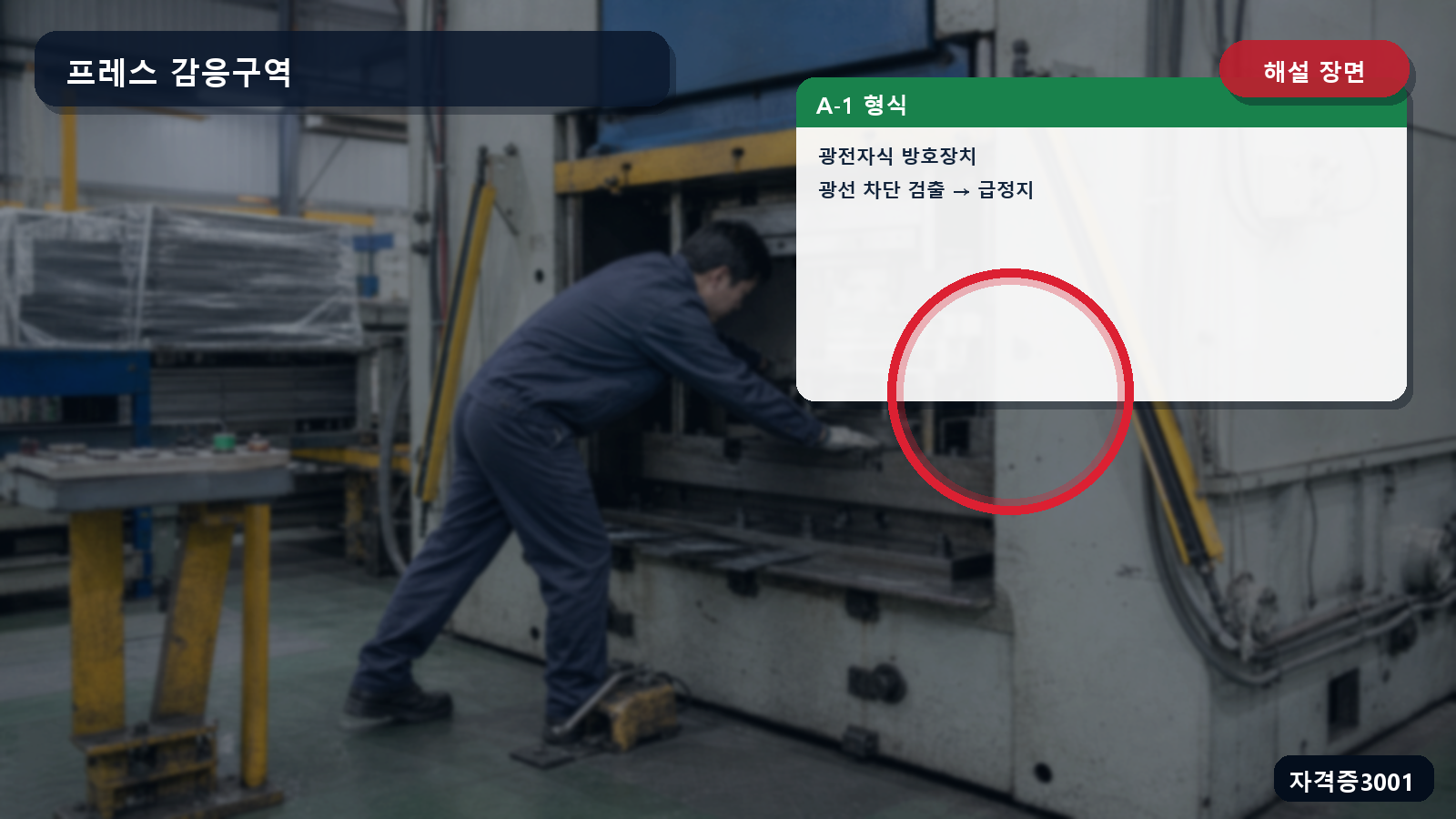 프레스 A-1 광전자식 방호장치의 광선 차단 검출과 급정지 기능을 표시한 해설 장면
