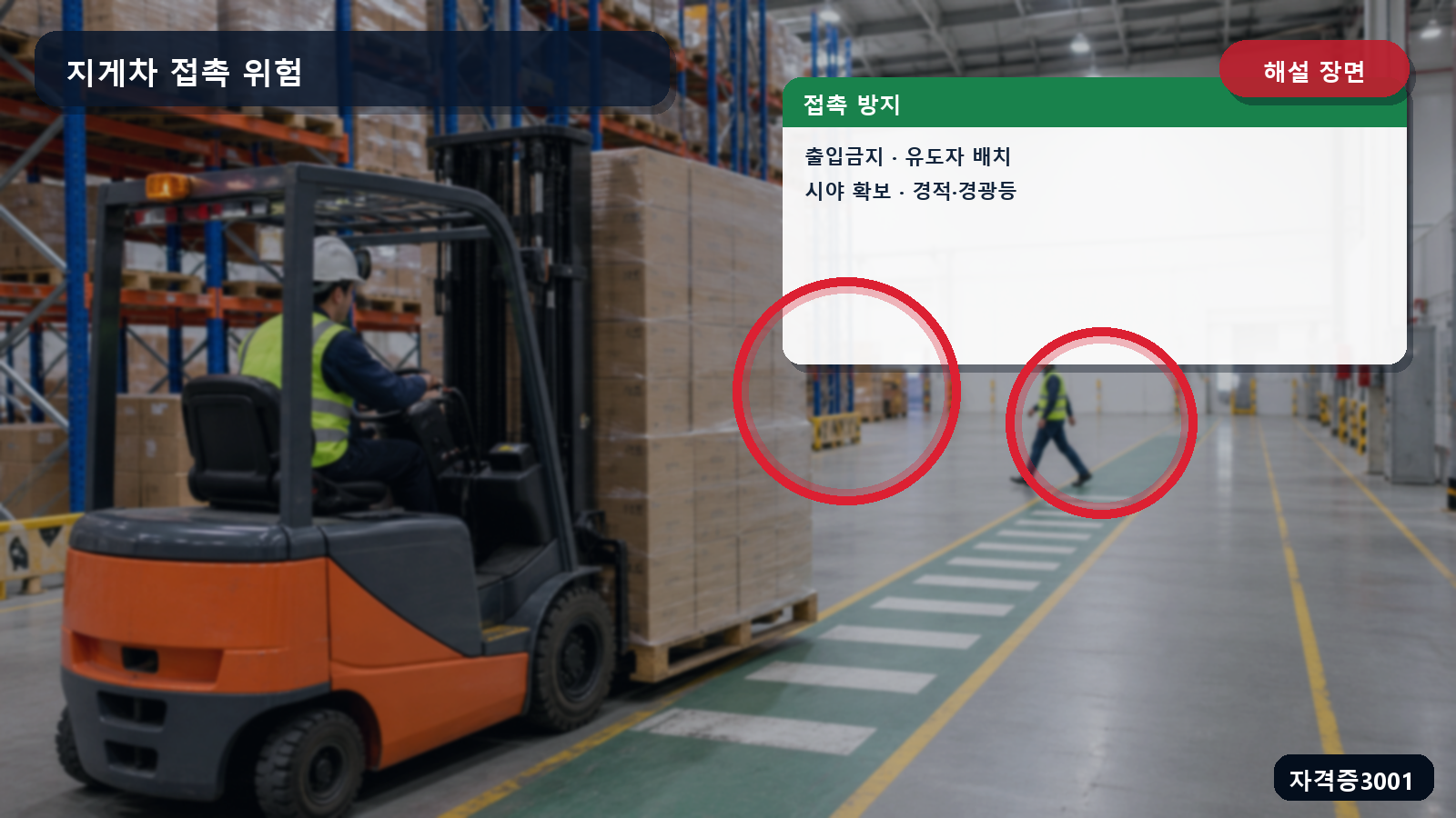 산업안전기사 실기 작업형 지게차 작업구역 출입통제·유도자·시야확보·경보조치를 표시한 해설 장면