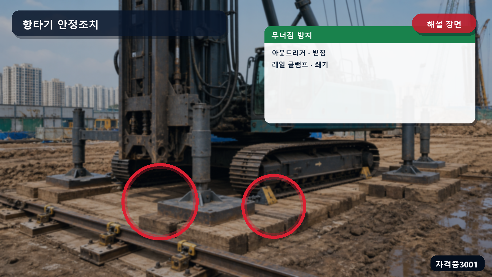 항타기의 아웃트리거·받침과 레일 클램프·쐐기 위치를 표시한 해설 장면