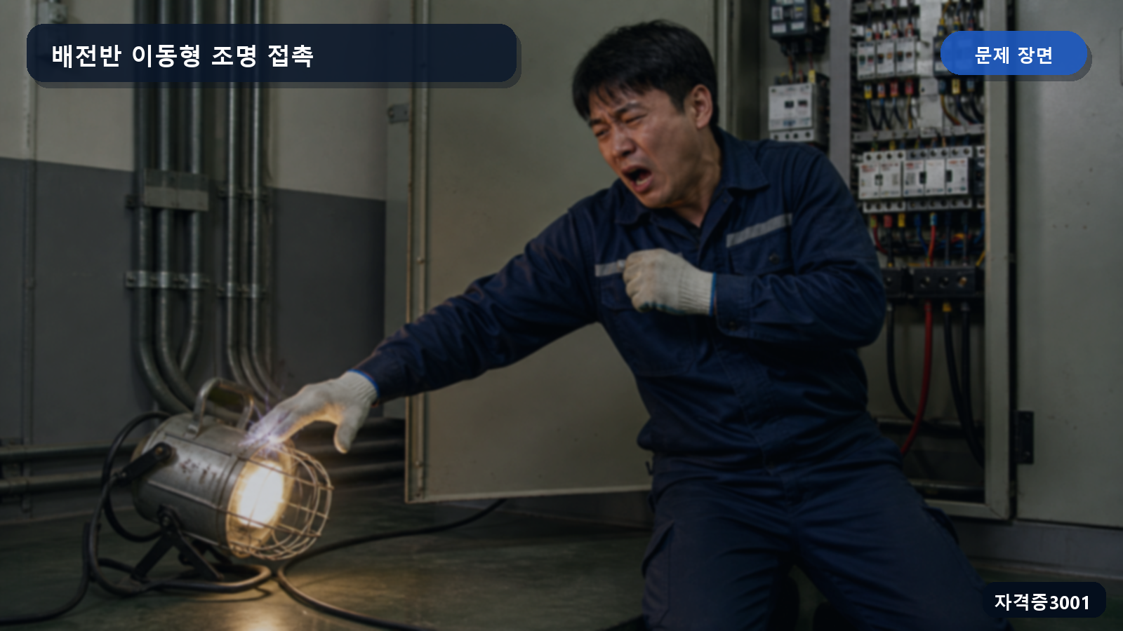 배전반을 점검한 작업자가 이동형 조명의 금속 덮개에 접촉해 감전된 장면