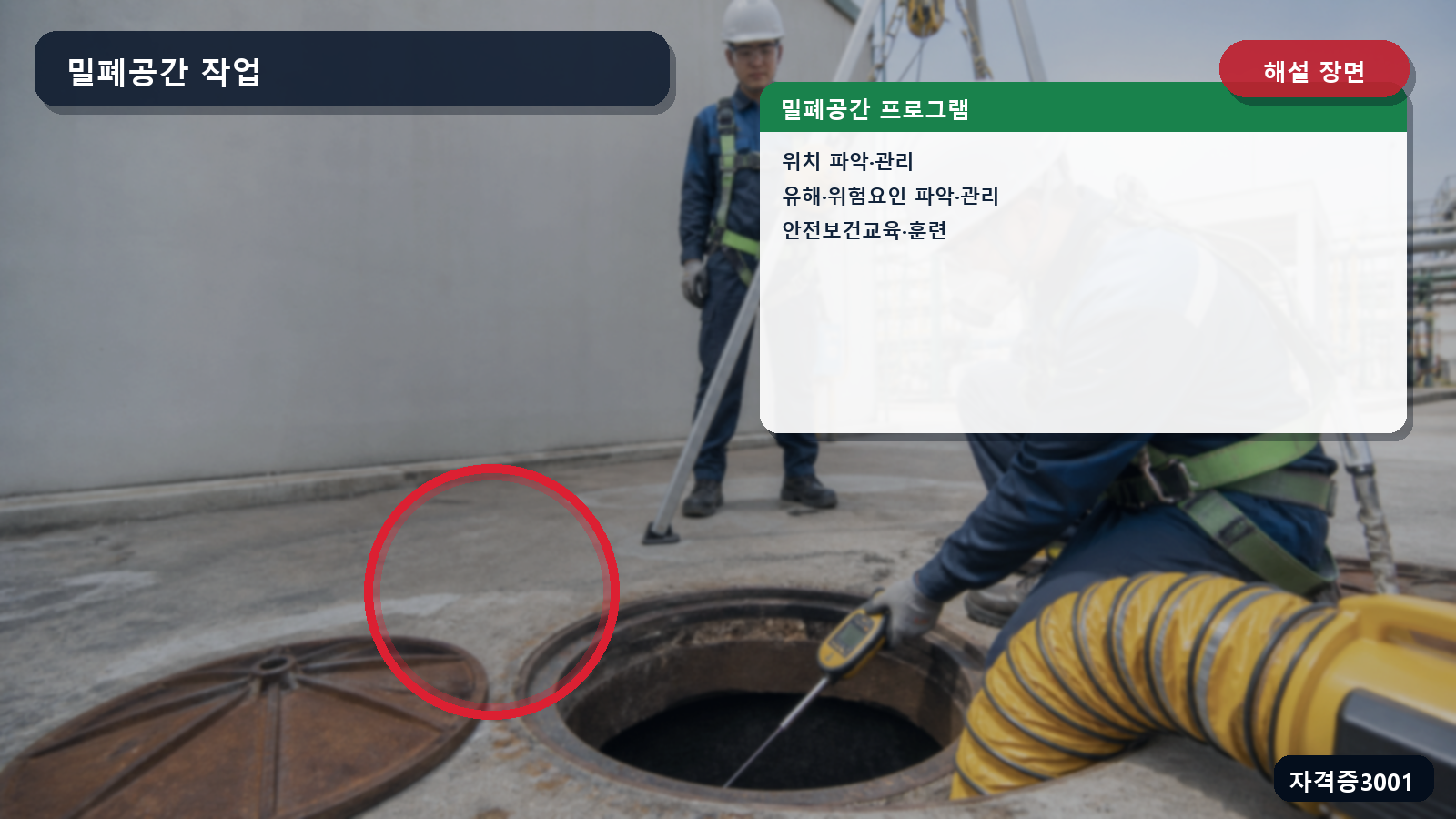 산업안전기사 실기 작업형 밀폐공간 위치·유해위험요인·사전확인·교육훈련 항목을 표시한 해설 장면