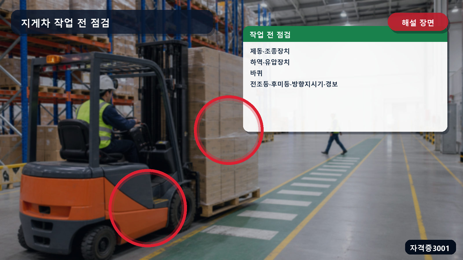 지게차의 제동·조종·하역·유압·바퀴·등화·경보 점검부를 표시한 해설 장면