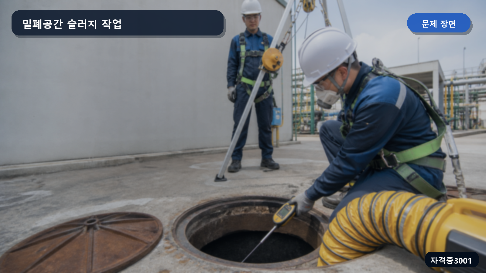 밀폐공간 맨홀 밖에서 복합가스 측정기와 환기덕트 및 구조용 장비를 점검하는 장면