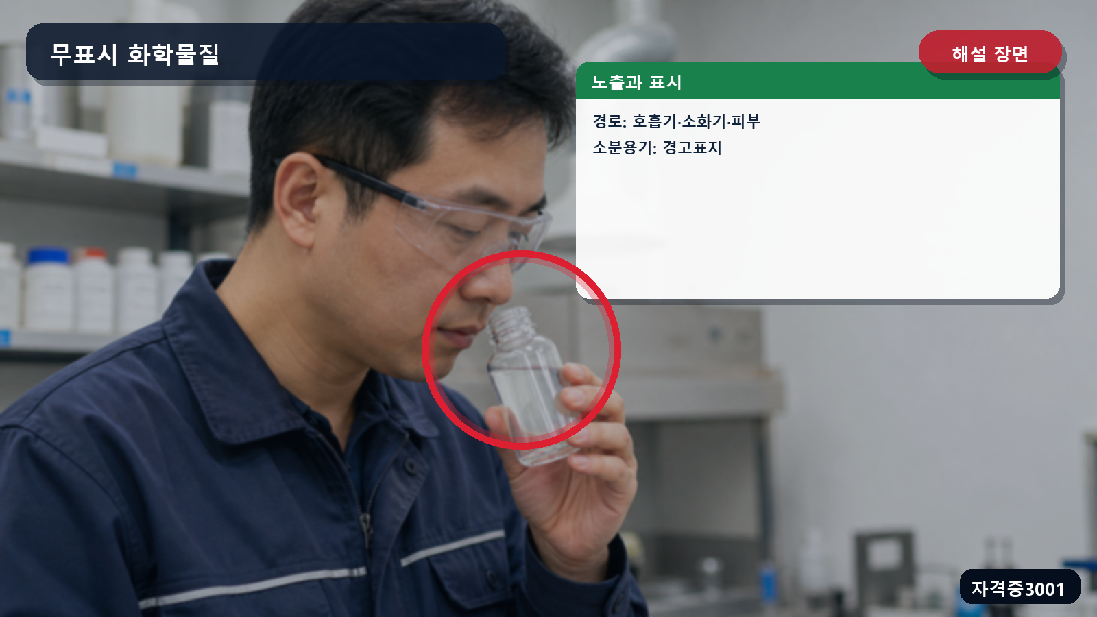 화학물질의 호흡기 노출과 소분 용기의 경고표지를 표시한 해설 장면