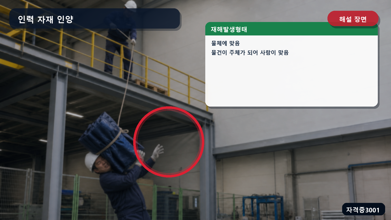 떨어진 천막 묶음과 물체에 맞음 재해발생형태를 표시한 해설 장면
