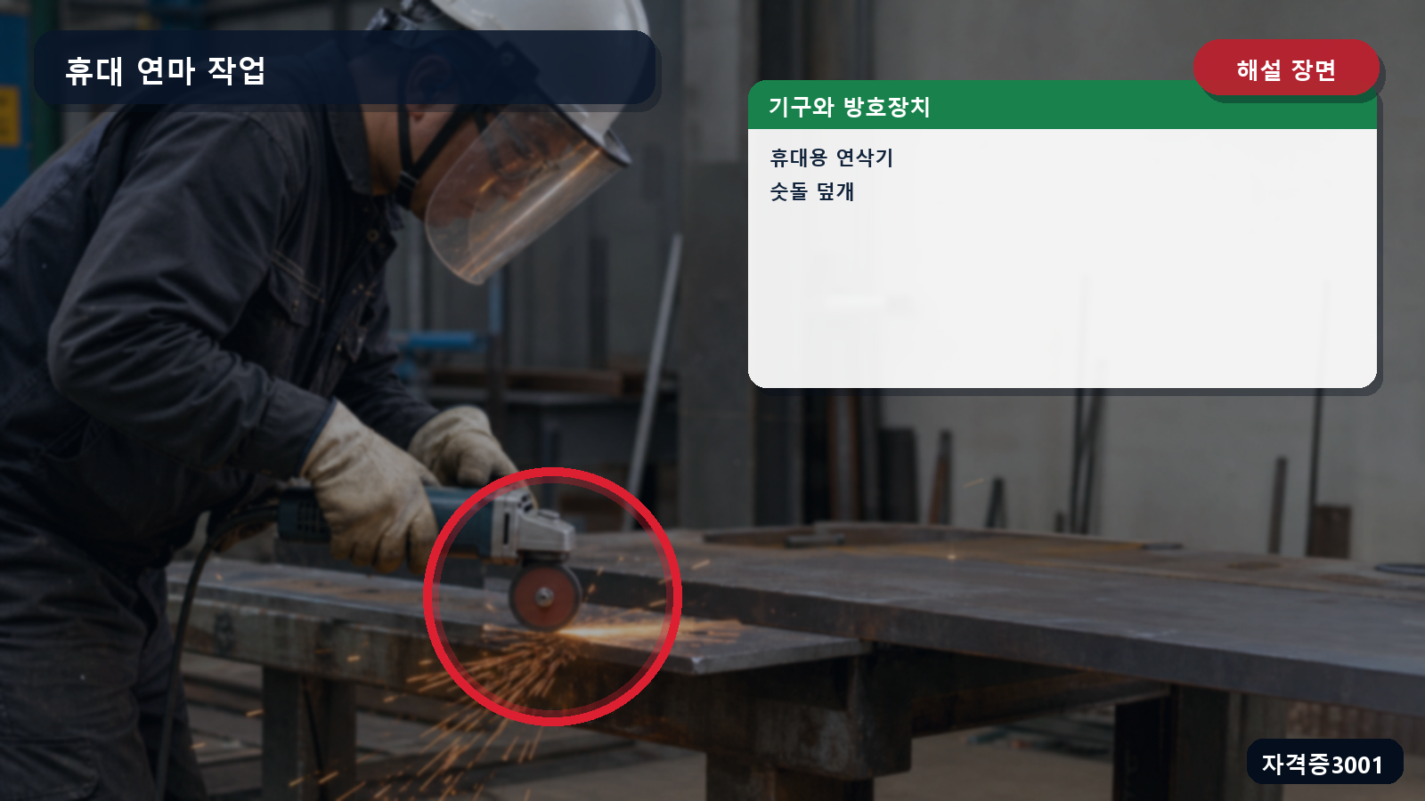휴대용 연삭기의 노출 숫돌과 설치해야 할 덮개를 표시한 해설 장면