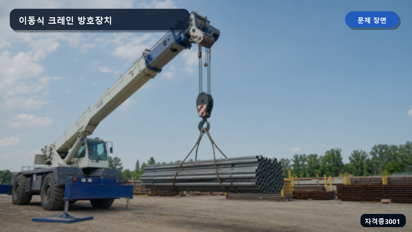 산업안전기사 실기 작업형 관 묶음을 인양하는 이동식 크레인의 붐 끝, 훅 안전고리와 펼친 아웃트리거가 보이는 장면