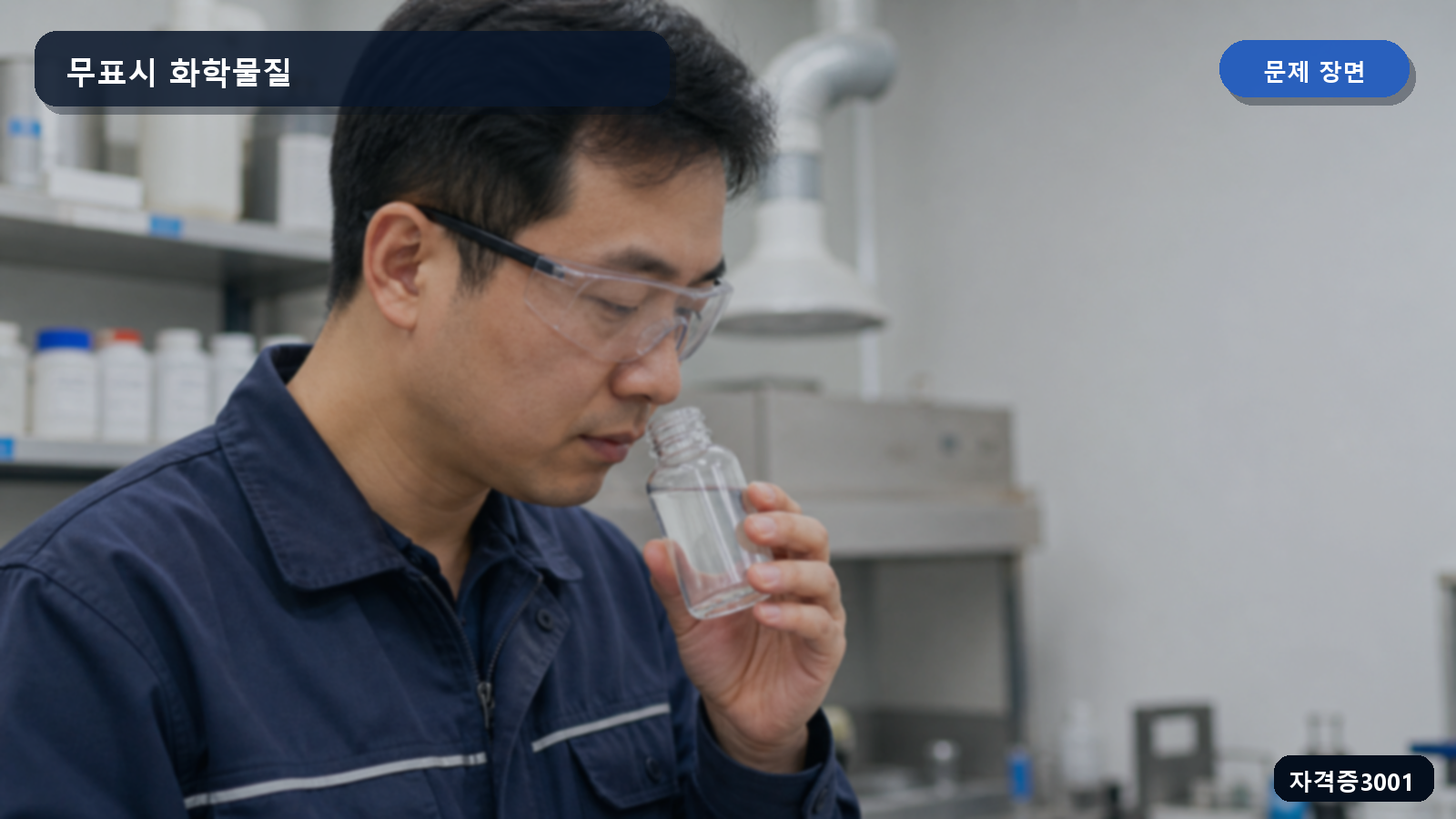 산업안전기사 실기 작업형 보호안경을 착용한 작업자가 아무 표시가 없는 작은 화학물질 병의 냄새를 직접 맡는 장면