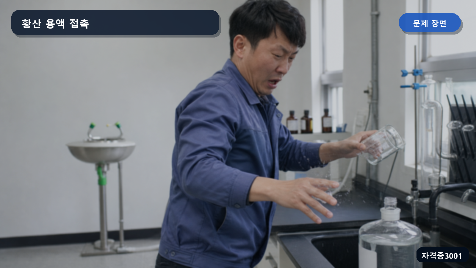 산업안전기사 실기 작업형 보호장갑 없이 황산 용액이 든 실험용구를 세척하다 손에 액체가 튄 작업자 장면