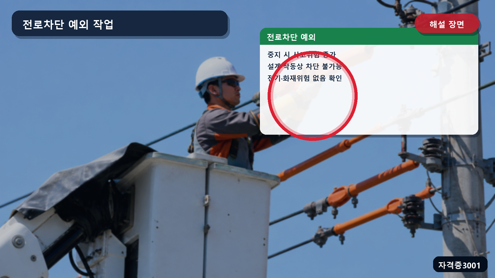 전로차단 예외 세 경우와 활선작업 보호조치를 표시한 해설 장면
