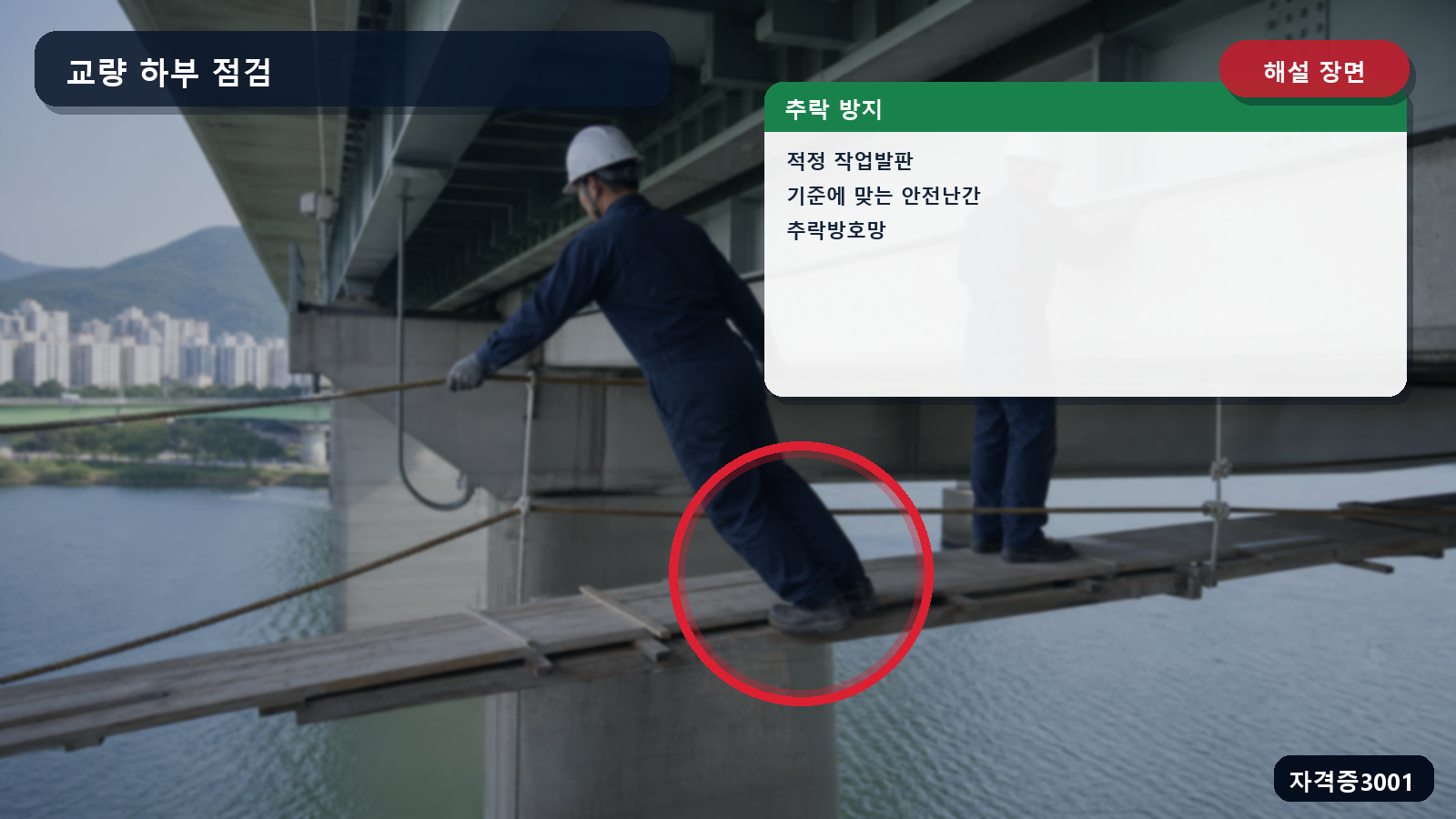 적정 작업발판·기준 안전난간·추락방호망 위치를 표시한 해설 장면