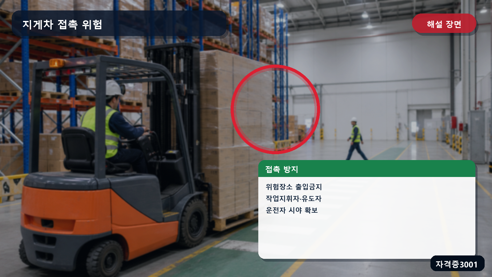지게차 접촉 위험장소 출입금지와 작업지휘자·유도자, 운전자 시야 확보를 표시한 해설 장면