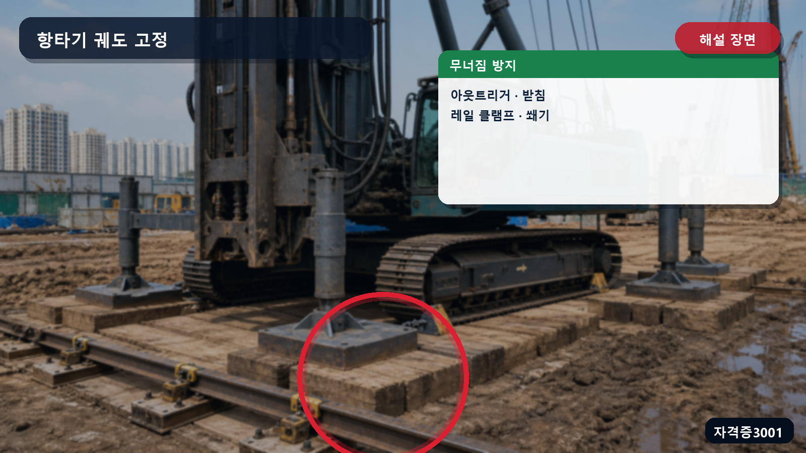 항타기의 아웃트리거·받침과 레일 클램프·쐐기 위치를 표시한 해설 장면