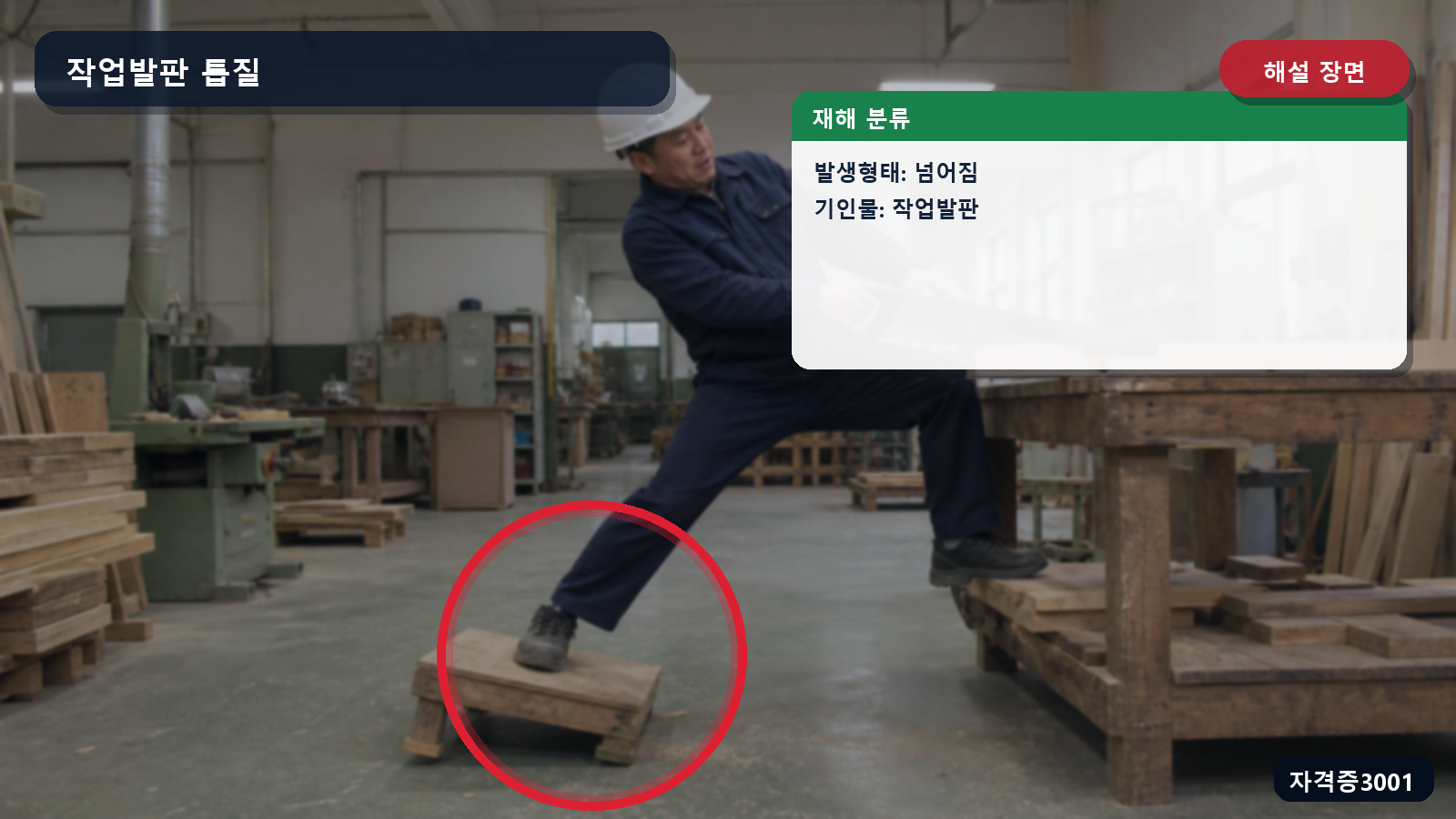 넘어짐 발생 위치와 기인물인 작업발판을 표시한 해설 장면