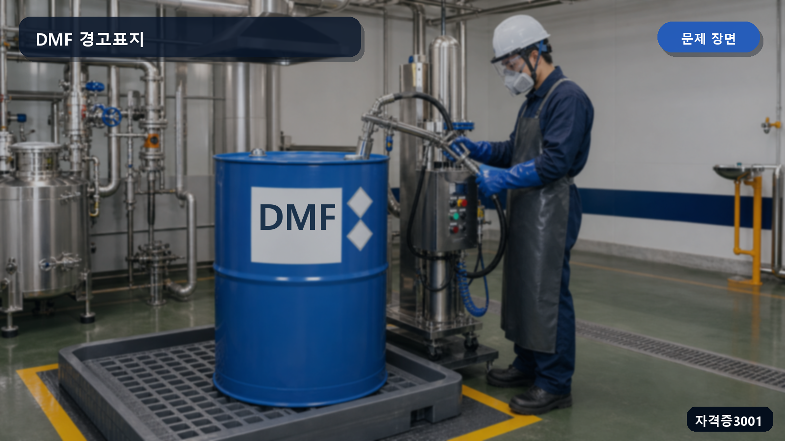 DMF라고 표시된 화학물질 용기와 다섯 종류의 경고 그림문자가 놓인 장면