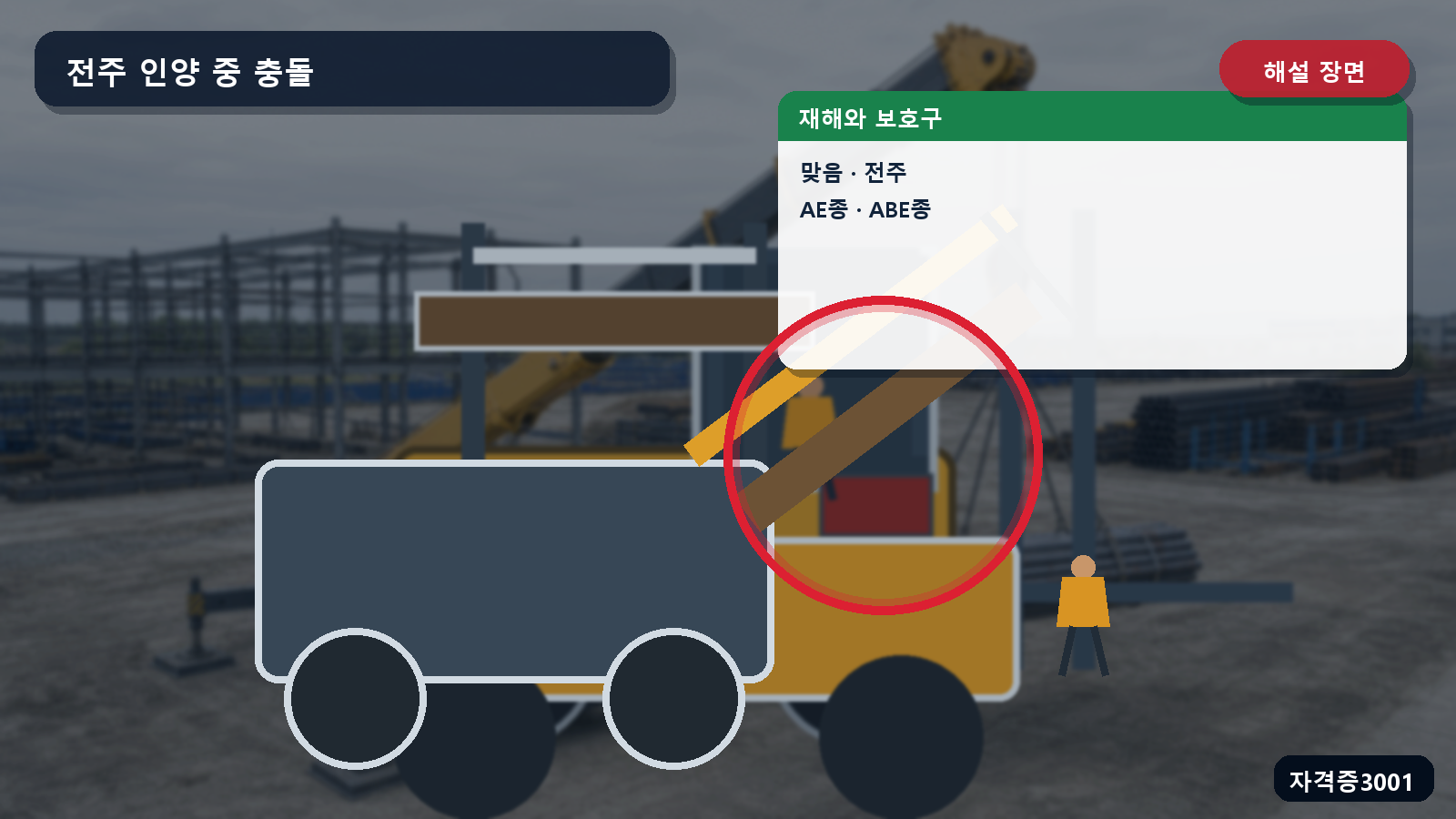 산업안전기사 실기 작업형 맞음·전주와 AE종·ABE종 안전모를 표시한 해설 장면