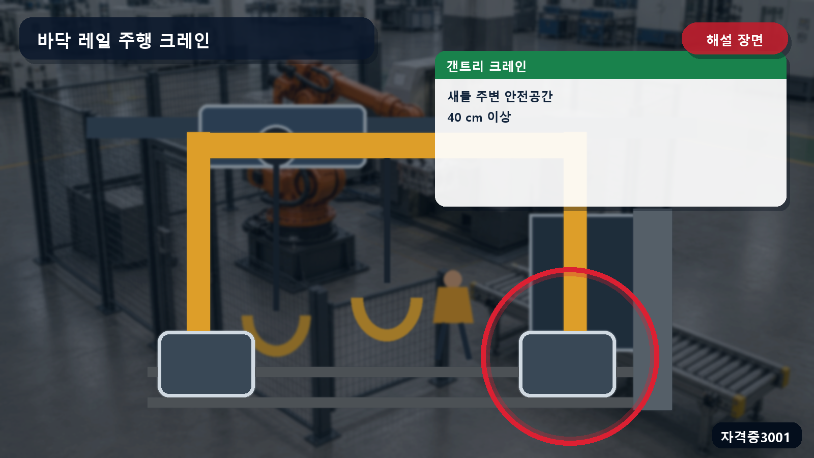 갠트리 크레인과 새들 주변 40센티미터 안전공간을 표시한 해설 장면