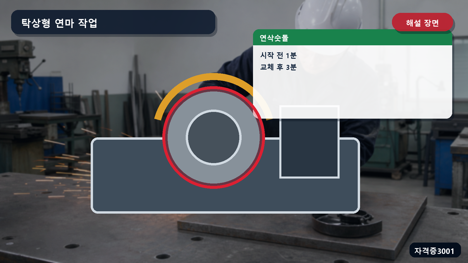 산업안전기사 실기 작업형 탁상용 연삭기의 작업 시작 전 1분과 숫돌 교체 후 3분을 표시한 해설 장면