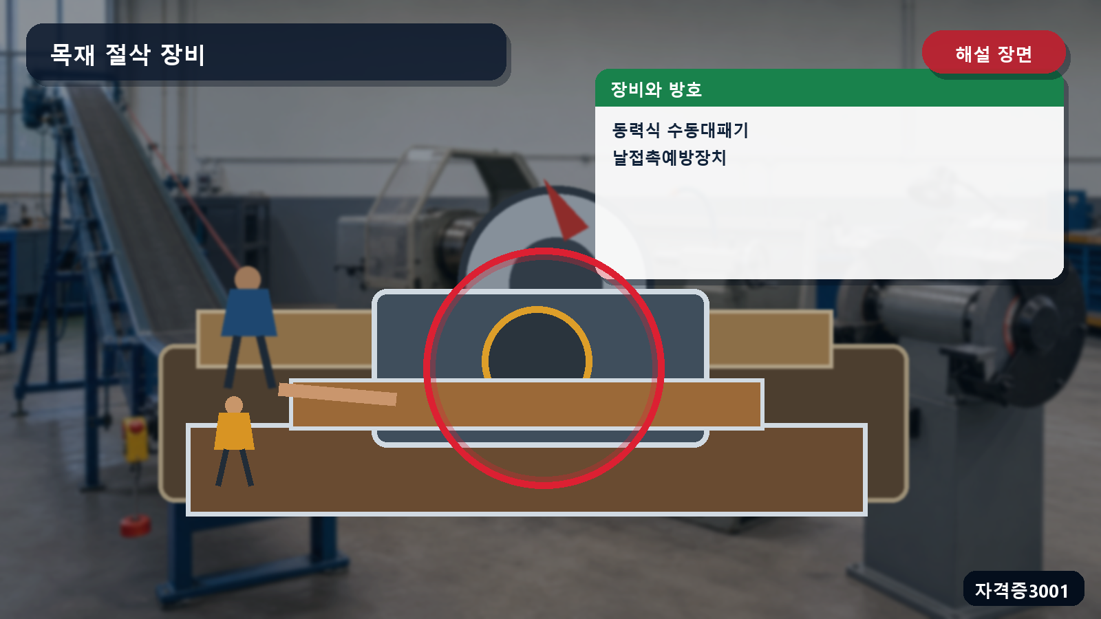 산업안전기사 실기 작업형 동력식 수동대패기와 날접촉예방장치 위치를 표시한 해설 장면