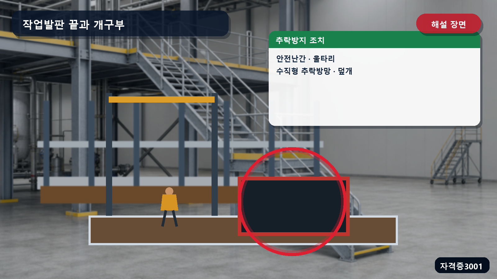개구부의 안전난간·울타리·수직형 추락방망·덮개 위치를 표시한 해설 장면