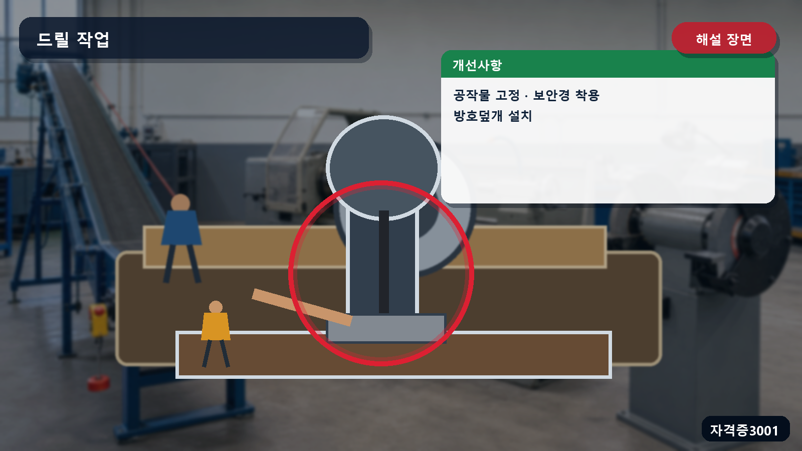 드릴 작업의 공작물 고정·보안경·방호덮개 개선 위치를 표시한 해설 장면