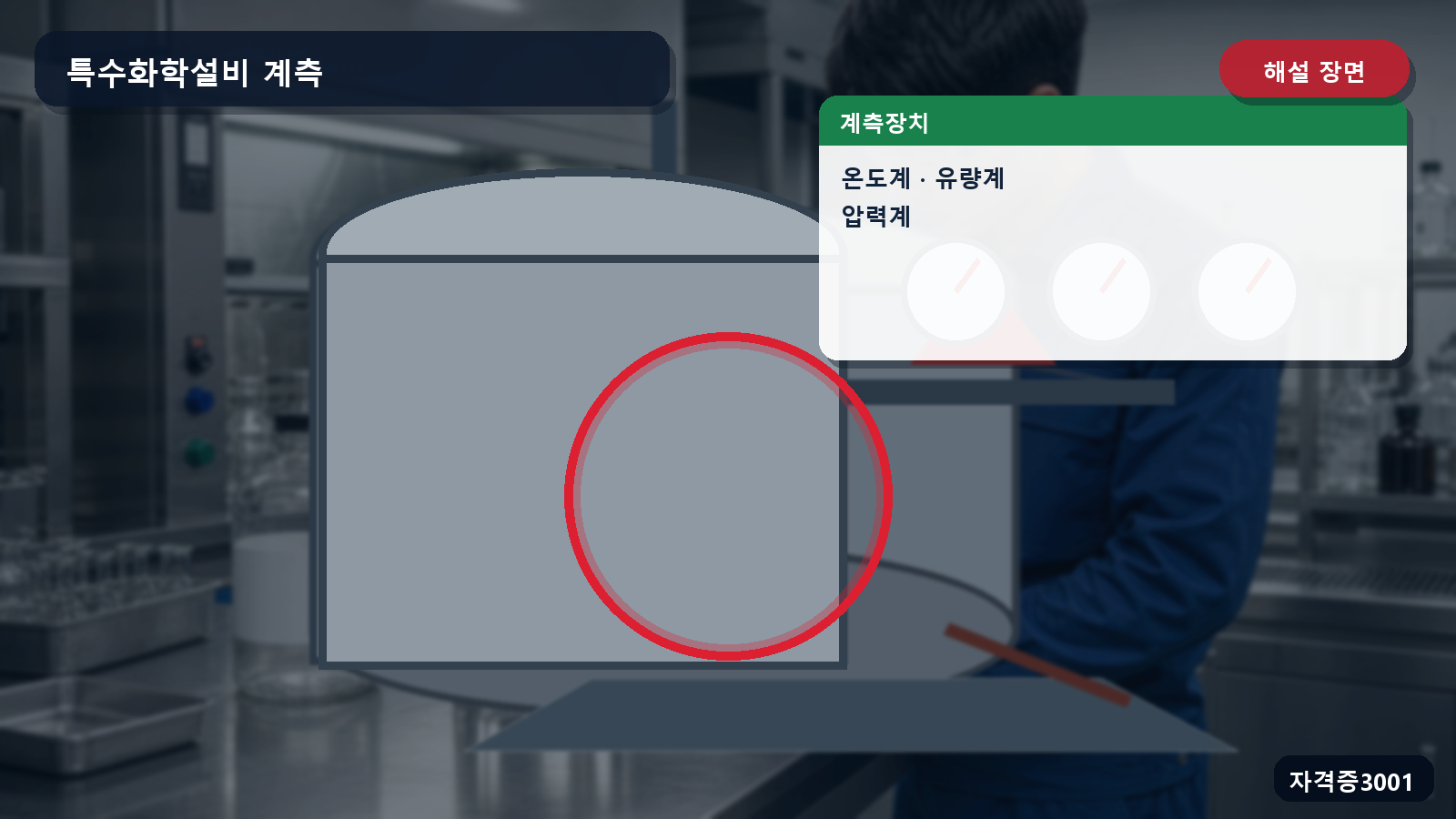 특수화학설비의 온도계·유량계·압력계 위치를 표시한 해설 장면