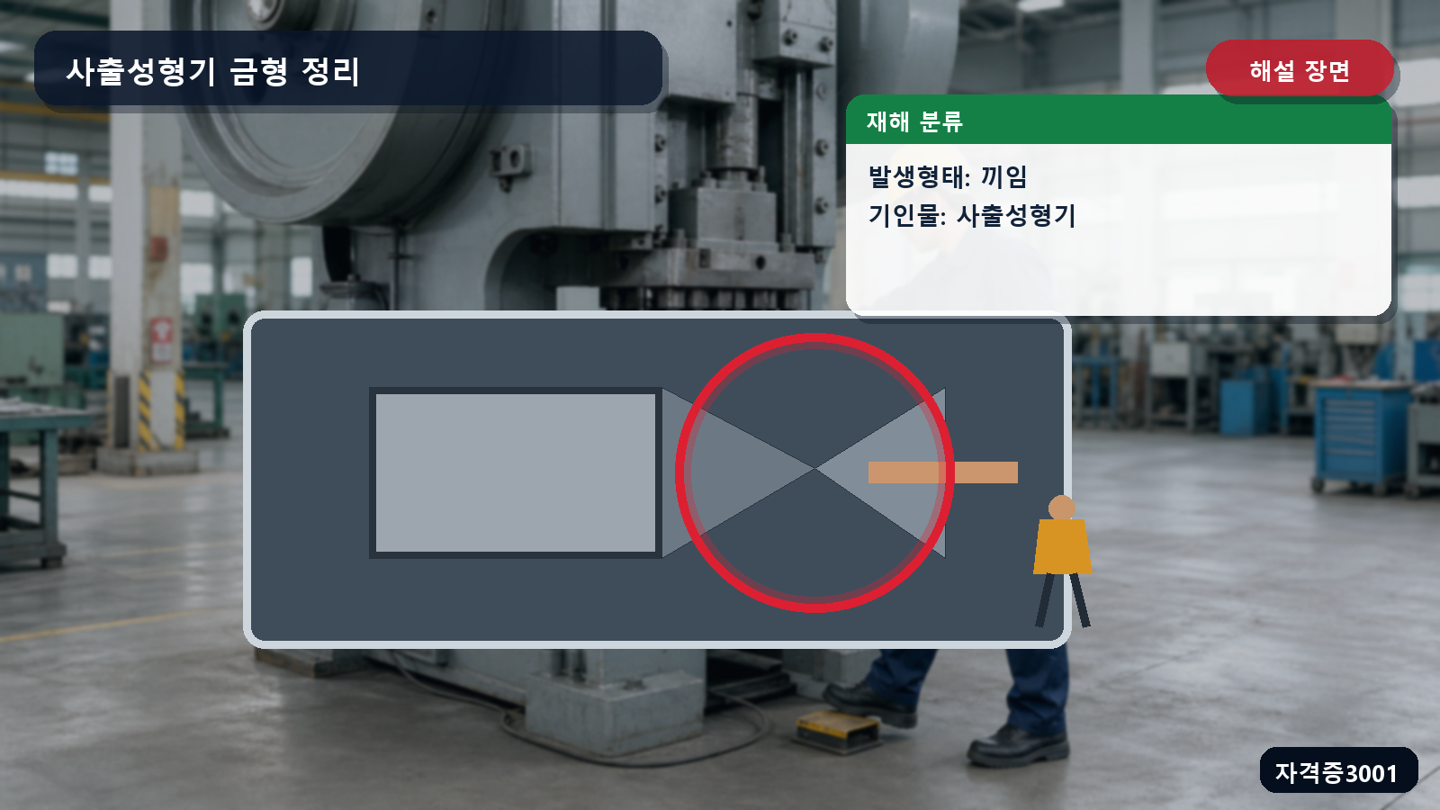 산업안전기사 실기 작업형 사출성형기 금형 사이 끼임 위치와 기인물을 표시한 해설 장면