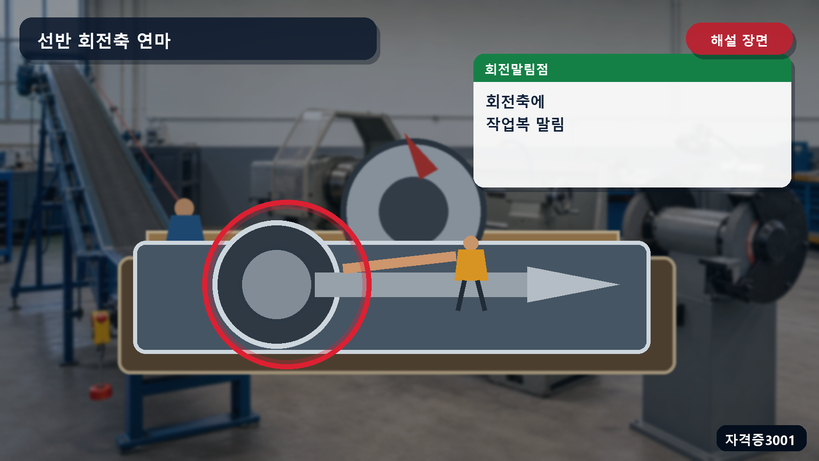 선반 회전축에 작업복이 말려 들어가는 회전말림점을 표시한 해설 장면
