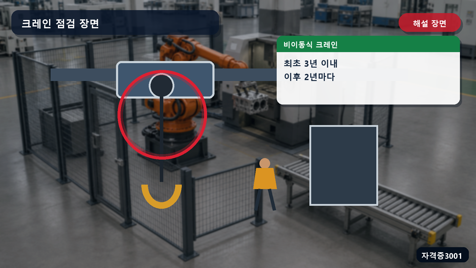 산업안전기사 실기 작업형 비이동식 크레인의 최초 3년 이내와 이후 2년 검사 주기를 표시한 해설 장면