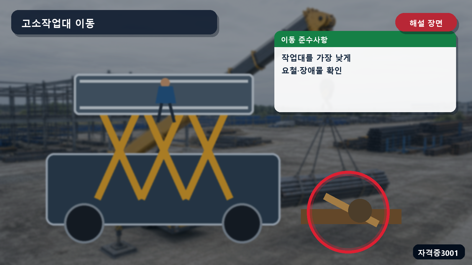 고소작업대를 가장 낮게 내리고 이동통로 장애물을 확인하는 위치를 표시한 해설 장면
