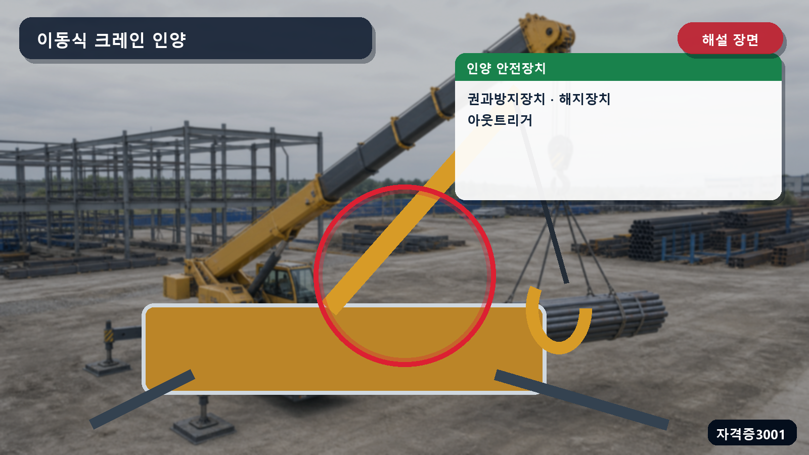 산업안전기사 실기 작업형 이동식 크레인의 권과방지장치·해지장치·아웃트리거 위치를 표시한 해설 장면