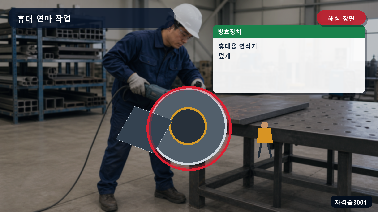 산업안전기사 실기 작업형 휴대용 연삭기의 숫돌 원주면을 가리는 덮개 위치를 표시한 해설 장면