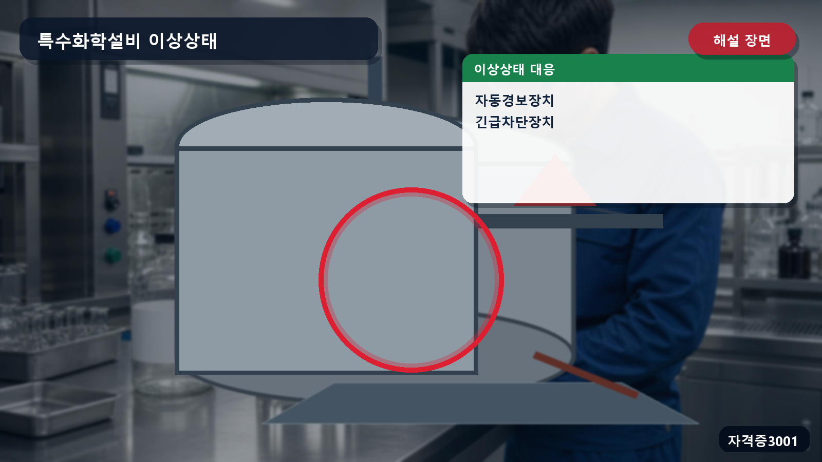특수화학설비의 자동경보장치와 긴급차단장치 위치를 표시한 해설 장면