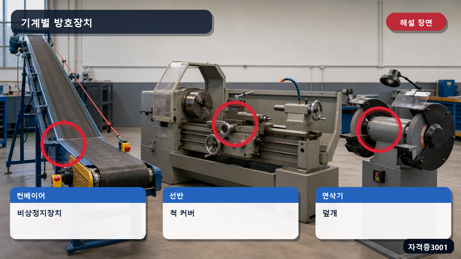 산업안전기사 실기 작업형 컨베이어 비상정지장치와 선반 척 커버 및 연삭기 덮개 위치를 표시한 해설 장면