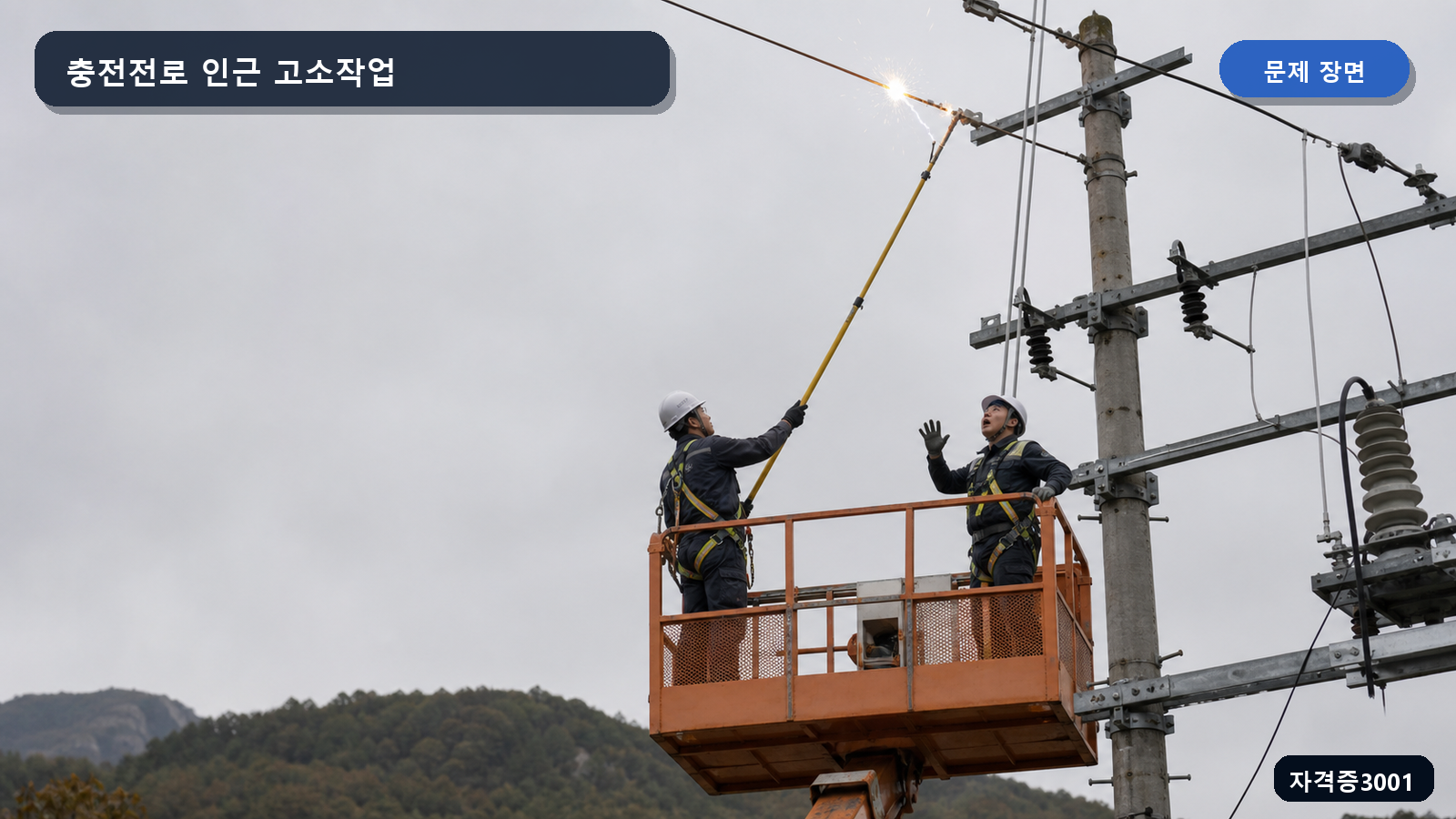 산업안전기사 실기 작업형 30킬로볼트 전선 가까이에서 고소작업대의 근로자가 긴 도전성 물체를 든 장면
