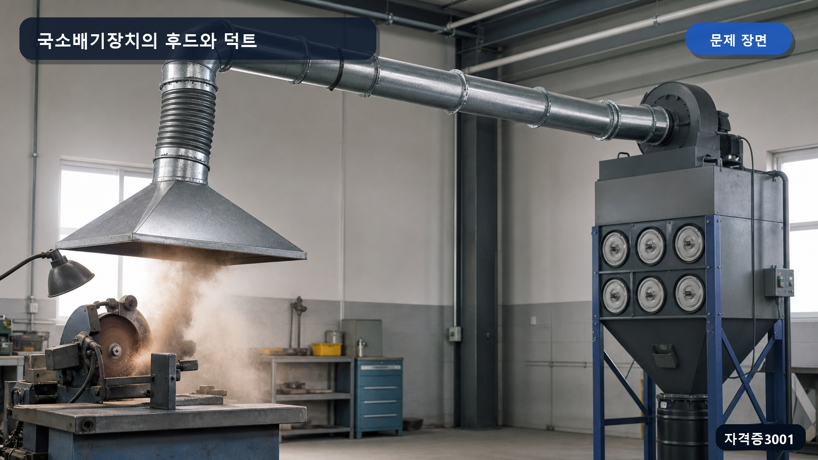 산업안전기사 실기 작업형 분진 발생원 가까이 설치된 후드와 굴곡 및 연결부가 보이는 덕트 장면