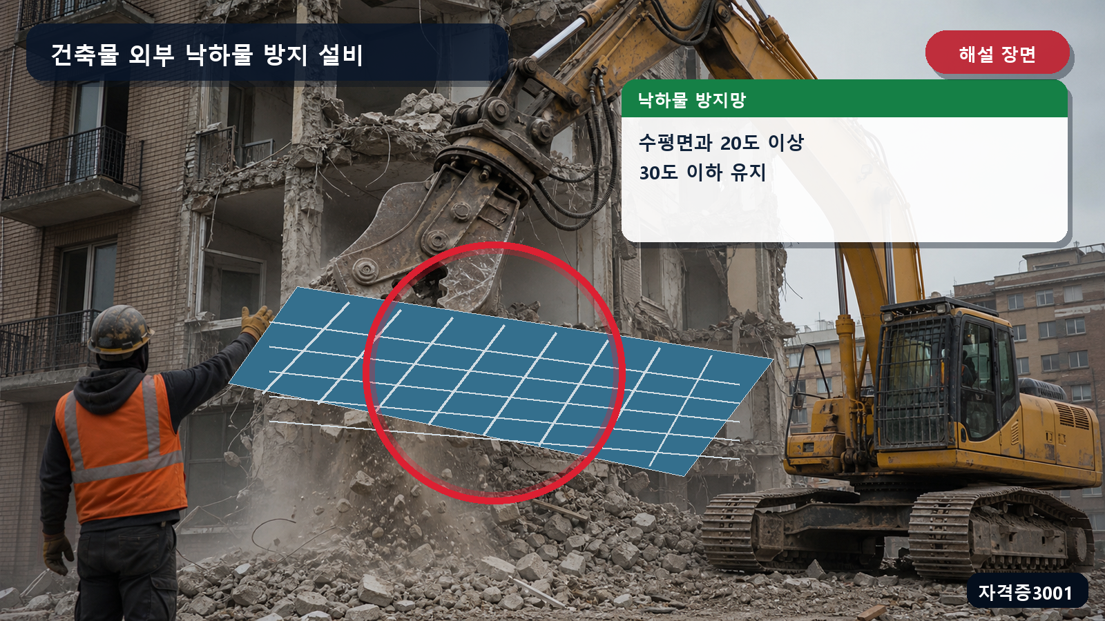 산업안전기사 실기 작업형 낙하물 방지망의 수평면 기준 20도 이상 30도 이하 각도를 표시한 해설 장면