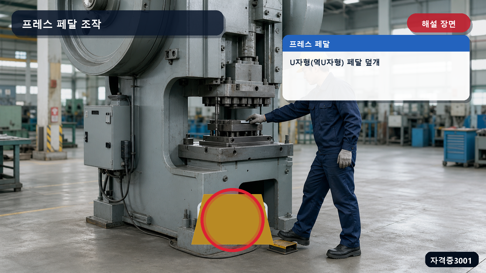 프레스 페달의 U자형 덮개 설치 위치를 표시한 해설 장면