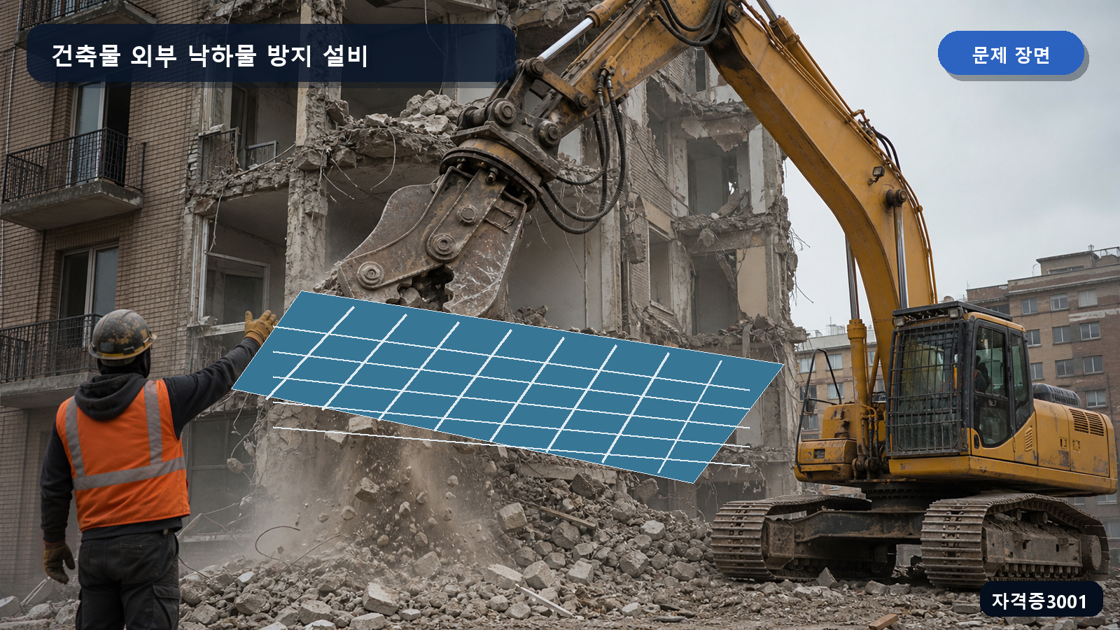 산업안전기사 실기 작업형 건축물 외벽에서 바깥쪽으로 낙하물 방지망이 설치된 장면